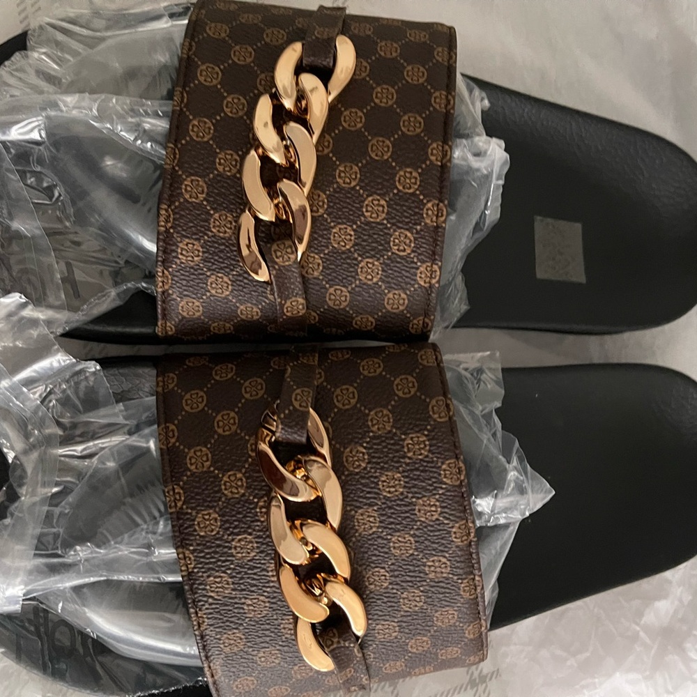 Brown and Gold Chain Detail Slippers